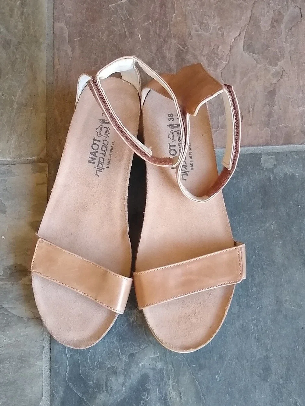 Naot Tan Leather Ankle-Strap Wedge Sandals with Cork Footbed